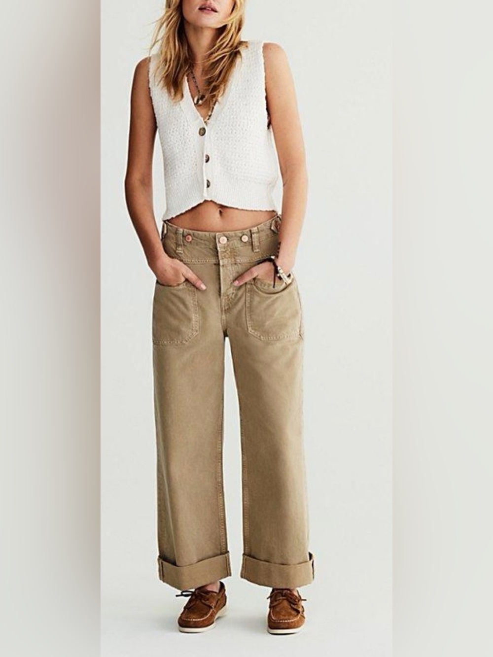 We The Free Wide Leg Cargo-Style Jeans in Natural